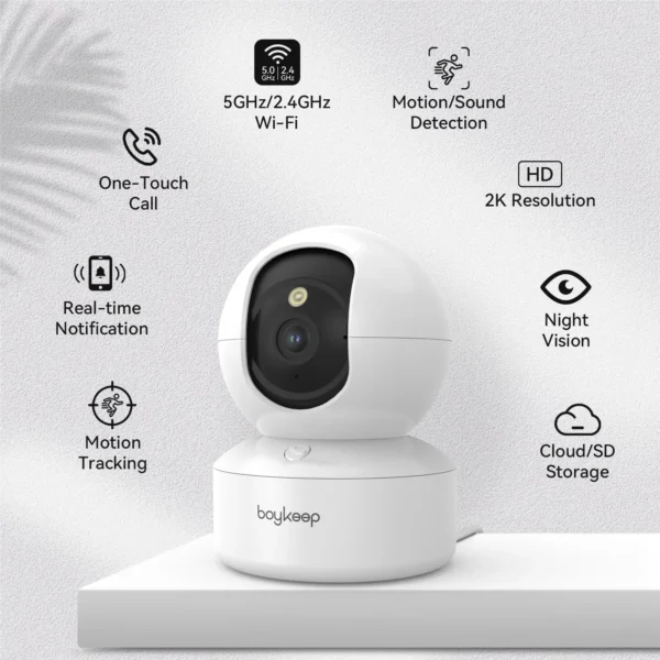 Cámara Boykeep 2K para perros y mascotas con app para teléfono, cámara de seguridad para bebés en interiores con wifi 5G/2.4GHz, movimiento horizontal y vertical de 360°, audio bidireccional y visión nocturna.
