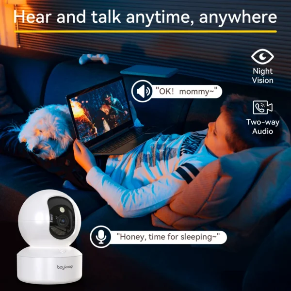 Cámara Boykeep 2K para perros y mascotas con app para teléfono, cámara de seguridad para bebés en interiores con wifi 5G/2.4GHz, movimiento horizontal y vertical de 360°, audio bidireccional y visión nocturna.