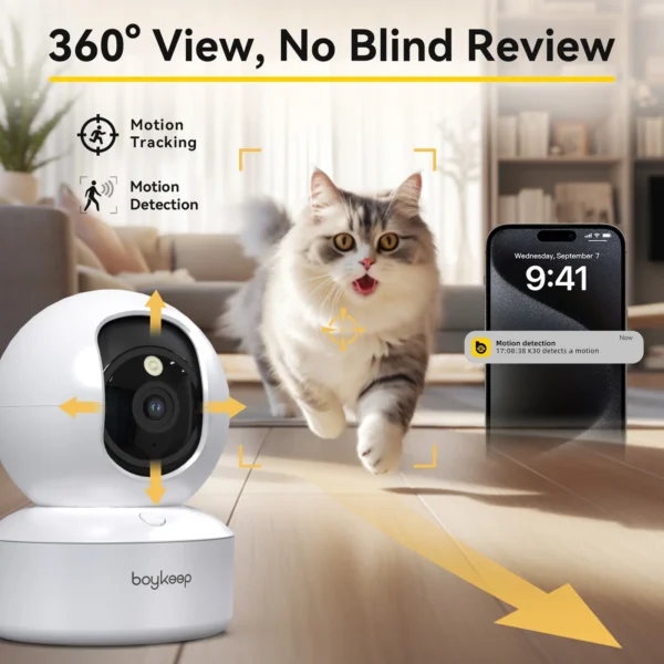 Cámara Boykeep 2K para perros y mascotas con app para teléfono, cámara de seguridad para bebés en interiores con wifi 5G/2.4GHz, movimiento horizontal y vertical de 360°, audio bidireccional y visión nocturna.