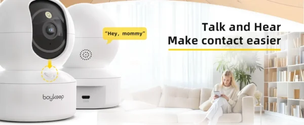 Cámara Boykeep 2K para perros y mascotas con app para teléfono, cámara de seguridad para bebés en interiores con wifi 5G/2.4GHz, movimiento horizontal y vertical de 360°, audio bidireccional y visión nocturna.