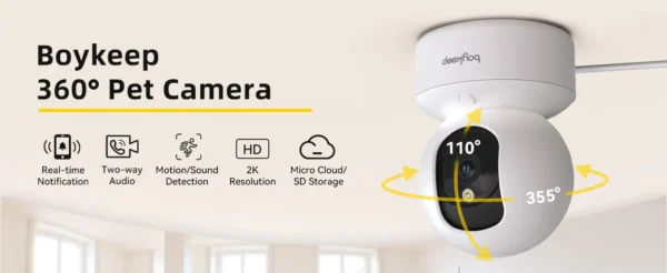 Cámara Boykeep 2K para perros y mascotas con app para teléfono, cámara de seguridad para bebés en interiores con wifi 5G/2.4GHz, movimiento horizontal y vertical de 360°, audio bidireccional y visión nocturna.