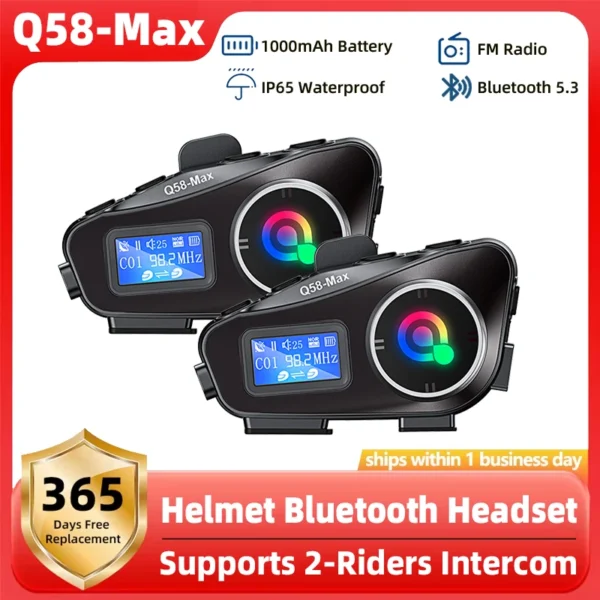 Q58 Max Motorcycle Helmet Bluetooth Intercom IP65 Waterproof Intercom Distance 500 Meters Multi-Scene Mixed Music Sharing