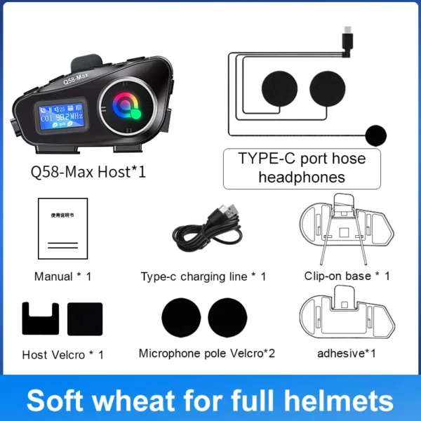 Q58 Max Motorcycle Helmet Bluetooth Intercom IP65 Waterproof Intercom Distance 500 Meters Multi-Scene Mixed Music Sharing